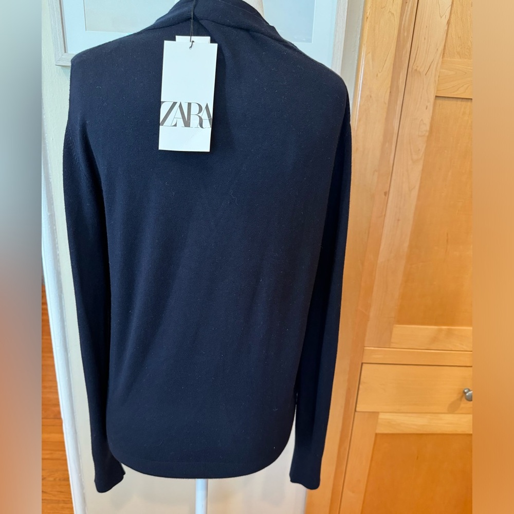 ZARA Cardi Navy Blue Vneck Gold Button Cardigan Stetchy NWT - Picture 4 of 6